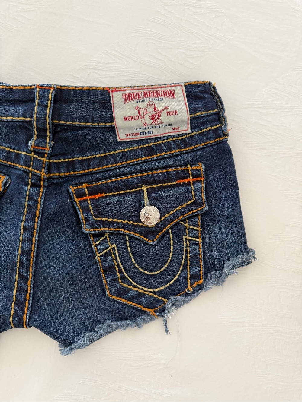 True Religion Dark Blue Denim Frayed Cutoff Shorts NWOT - Picture 3 of 7